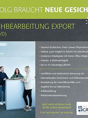 Unser Team soll wachsen 💪🏻✨ Für unsere Exportabteilung am Standort Euskirchen suchen wir zum nächstmöglichen Zeitpunkt einen neuen Kollegen oder eine neue Kollegin für die Sachbearbeitung 💻📞 Die Stelle ist in Vollzeit ausgeschrieben, aber auch mit 30h/Woche in Teilzeit möglich 🕖 ➡️ Jetzt online bewerben unter karriere.peter-greven.de 🌎🚀