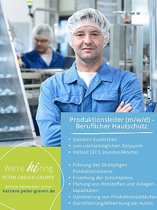 Erfolg braucht neue Gesichter 💡Für unseren Standort in Euskirchen suchen wir zum nächstmöglichen Zeitpunkt einen Produktionsleiter (m/w/d) für unsere beruflichen Hautschutzprodukte 🫧🧴Weitere Informationen sind online zu finden 💻

#stellenanzeige #produktion #hautschutz #petergrevenphysioderm #onlinebewerbung